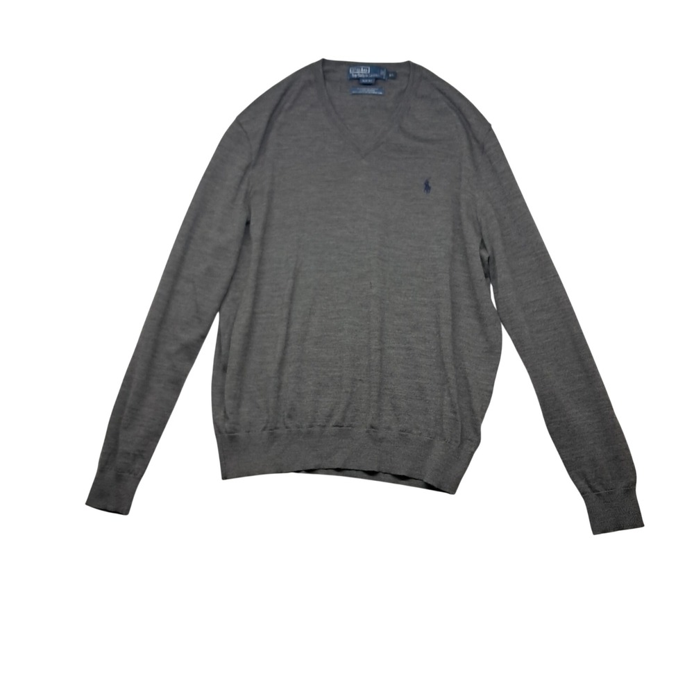 Polo Ralph Lauren Sweater Mens‎ XL Gray V-Neck Slim Fit Merino Wool Pony READ